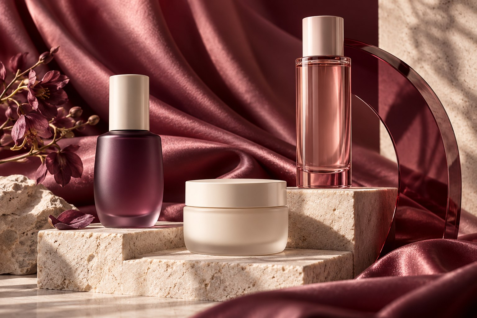 Conceptual editorial σύνθεση με beauty συσκευασίες σε αποχρώσεις ivory, rose και plum